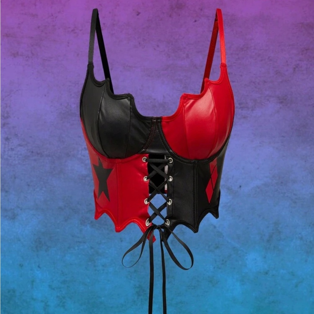 NWT Harley Quinn Asymmetric Leather Red & Black Lace-Up Bustier Corset Crop Top